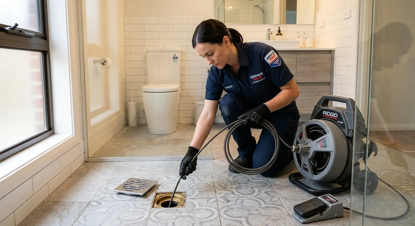 Technician clearing a bathroom floor drain for Drain Cleaning in Princeton